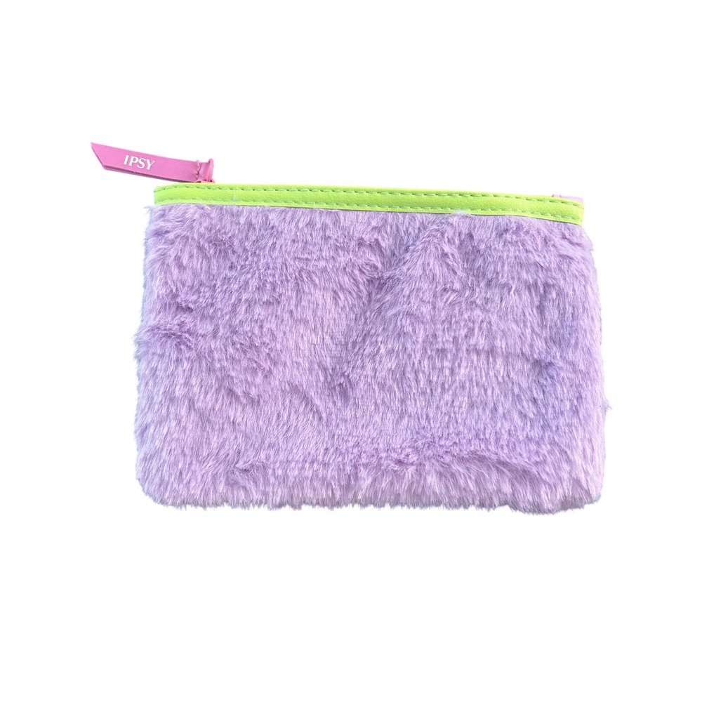 Ipsy Glam Bag Faux Fur Makeup Pouch Purple Lavender Lime Green Zipper Pouch